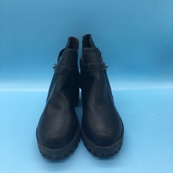 Black Round Toe Platform Ankle Boots Chunky Mid Heels with Side Zipper - Picture 1 of 9